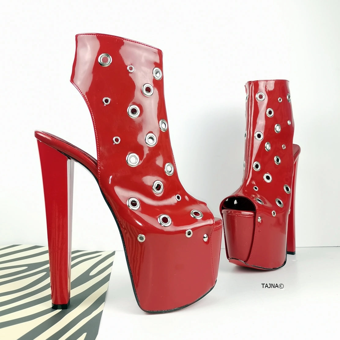 Red Patent Pin Open Back Ankle Heels