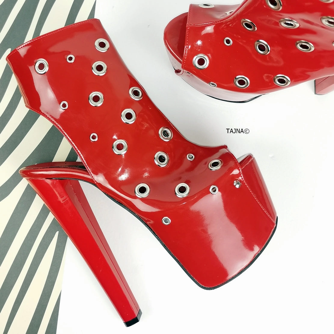Red Patent Pin Open Back Ankle Heels