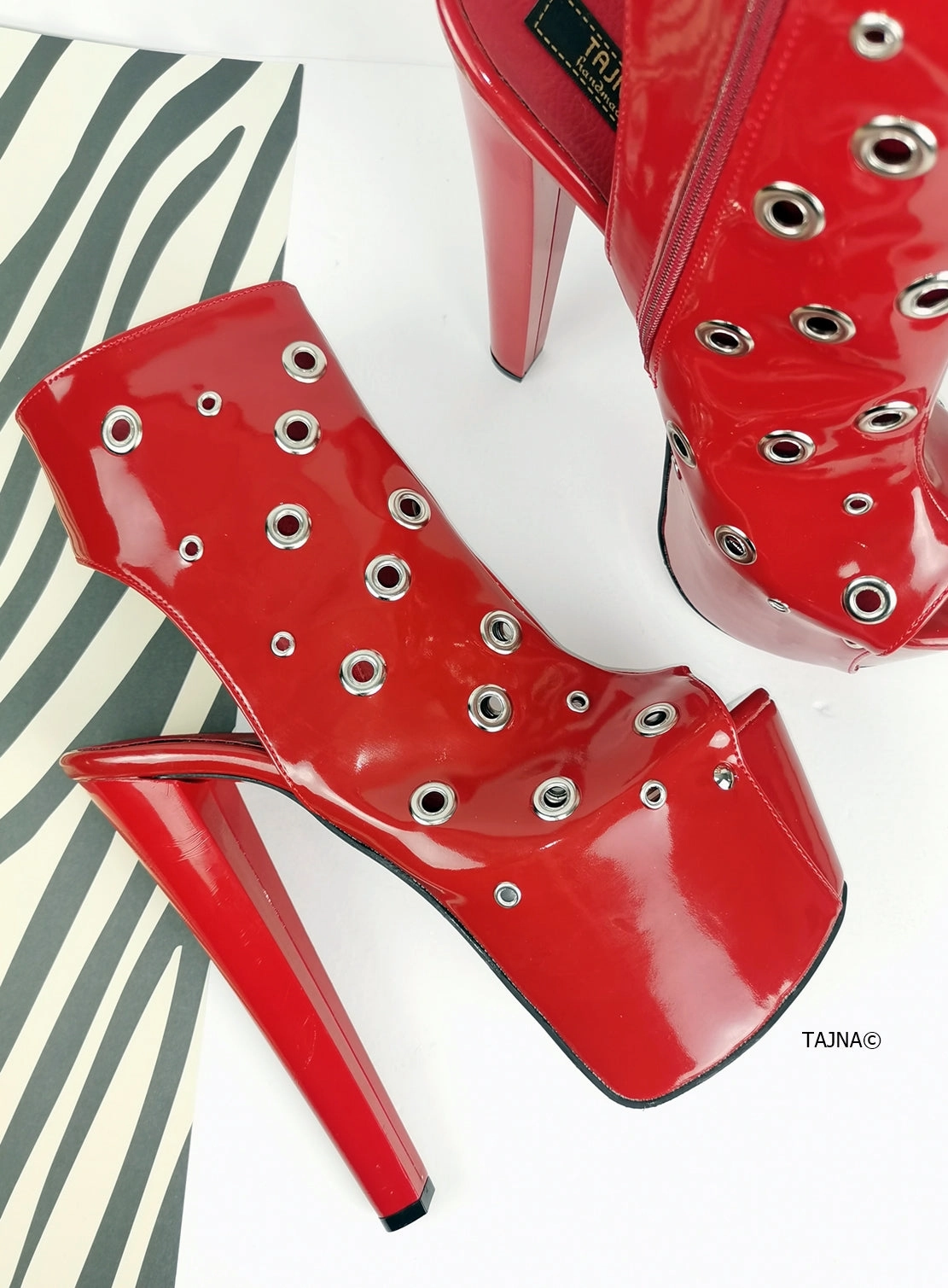Red Patent Pin Open Back Ankle Heels