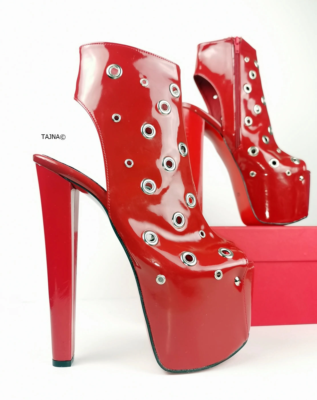 Red Patent Pin Open Back Ankle Heels