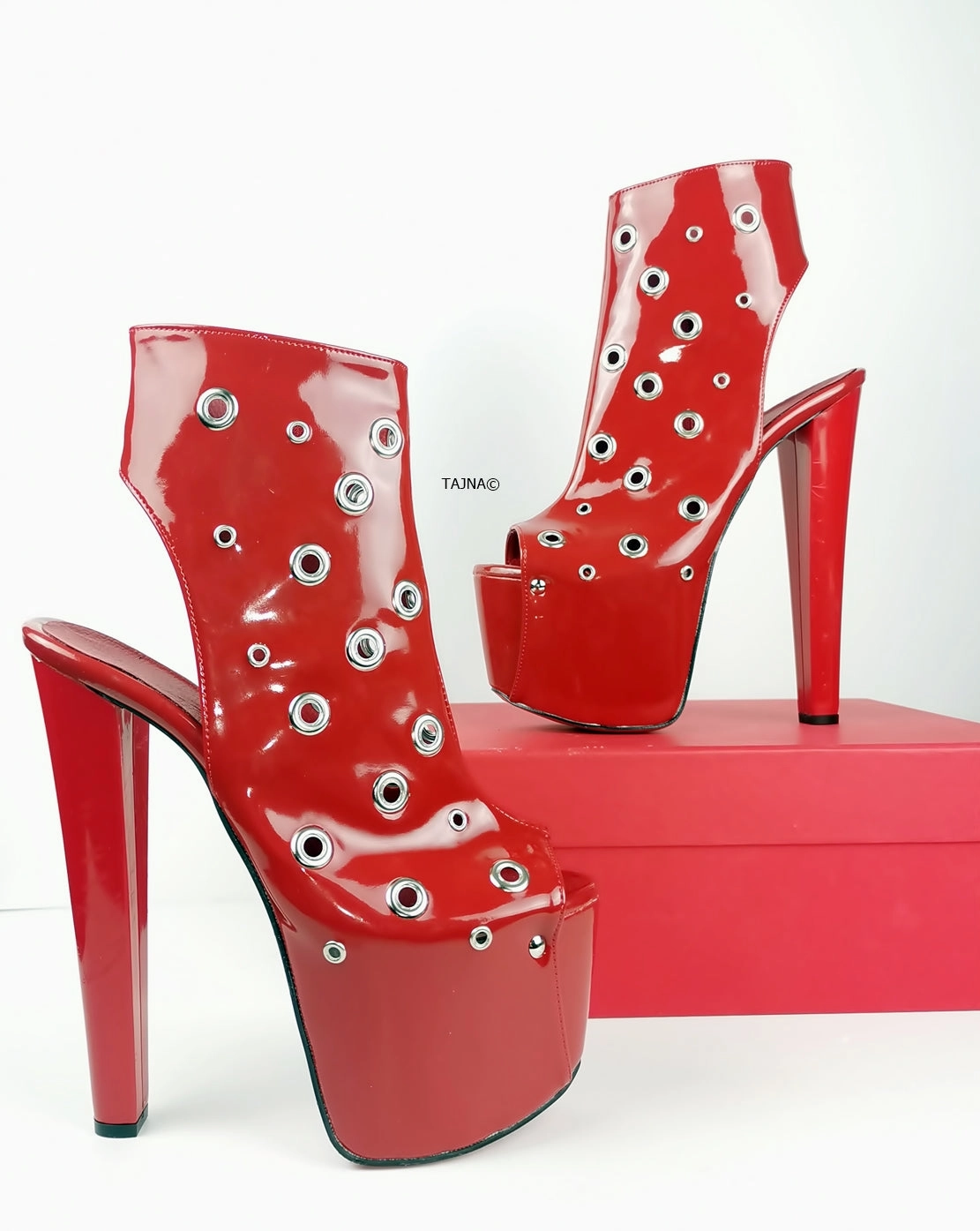 Red Patent Pin Open Back Ankle Heels
