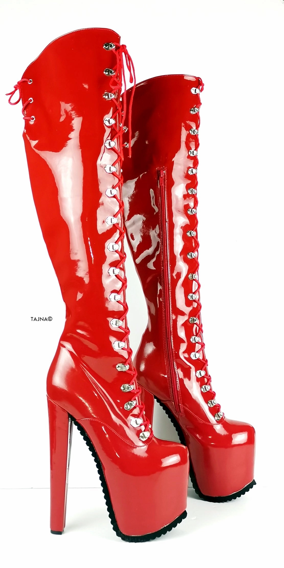 Serrated Sole Red Military Lace Up Over Knee Boots