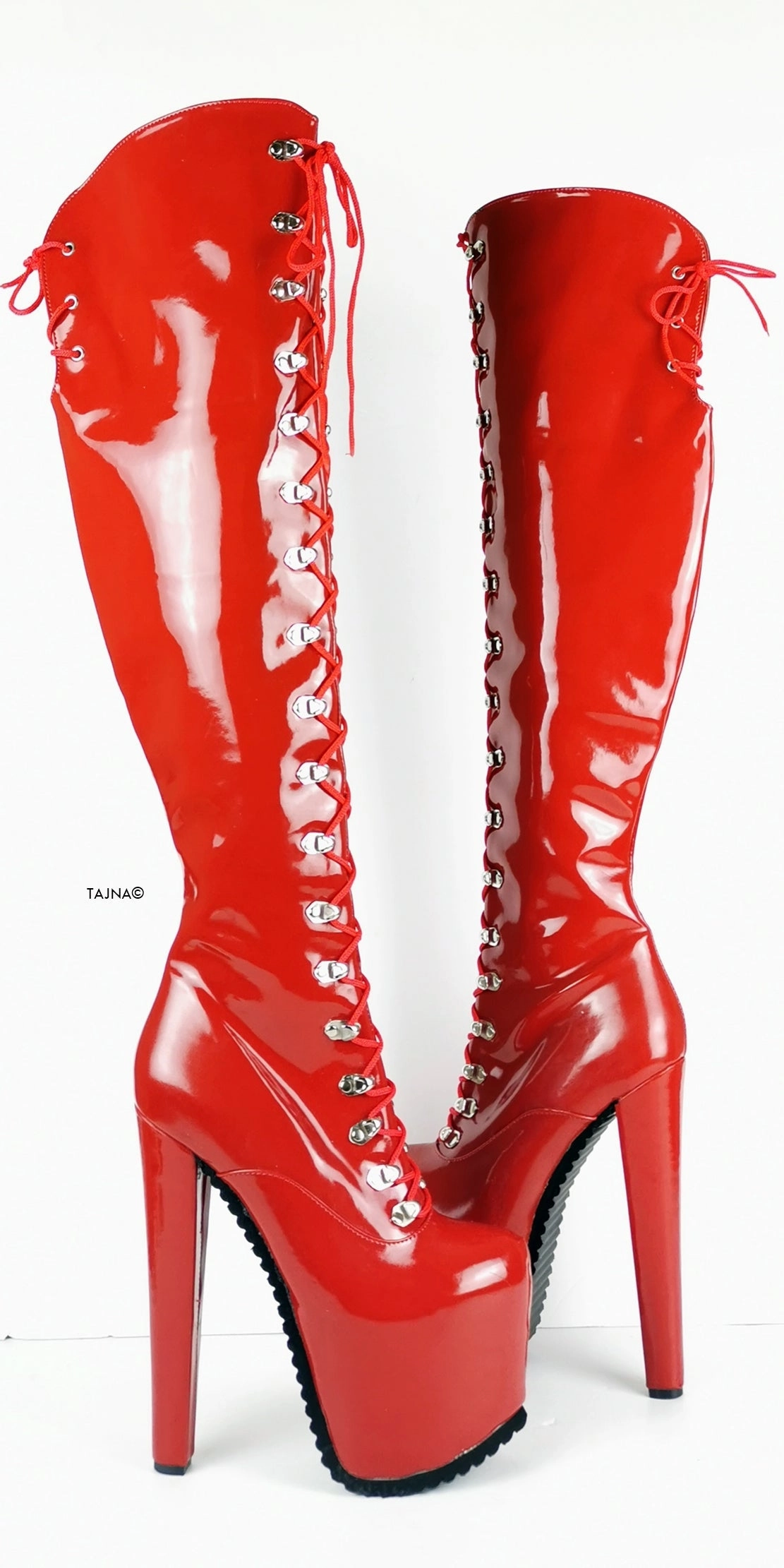 Serrated Sole Red Military Lace Up Over Knee Boots