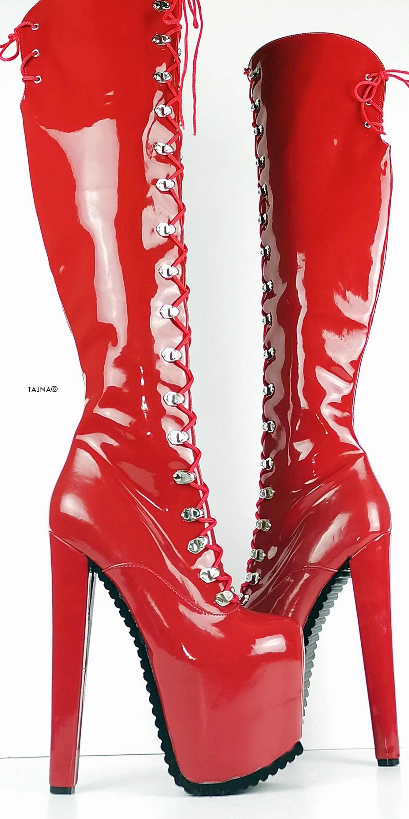 Serrated Sole Red Military Lace Up Over Knee Boots