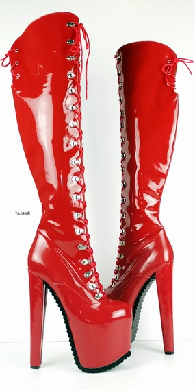 Serrated Sole Red Military Lace Up Over Knee Boots