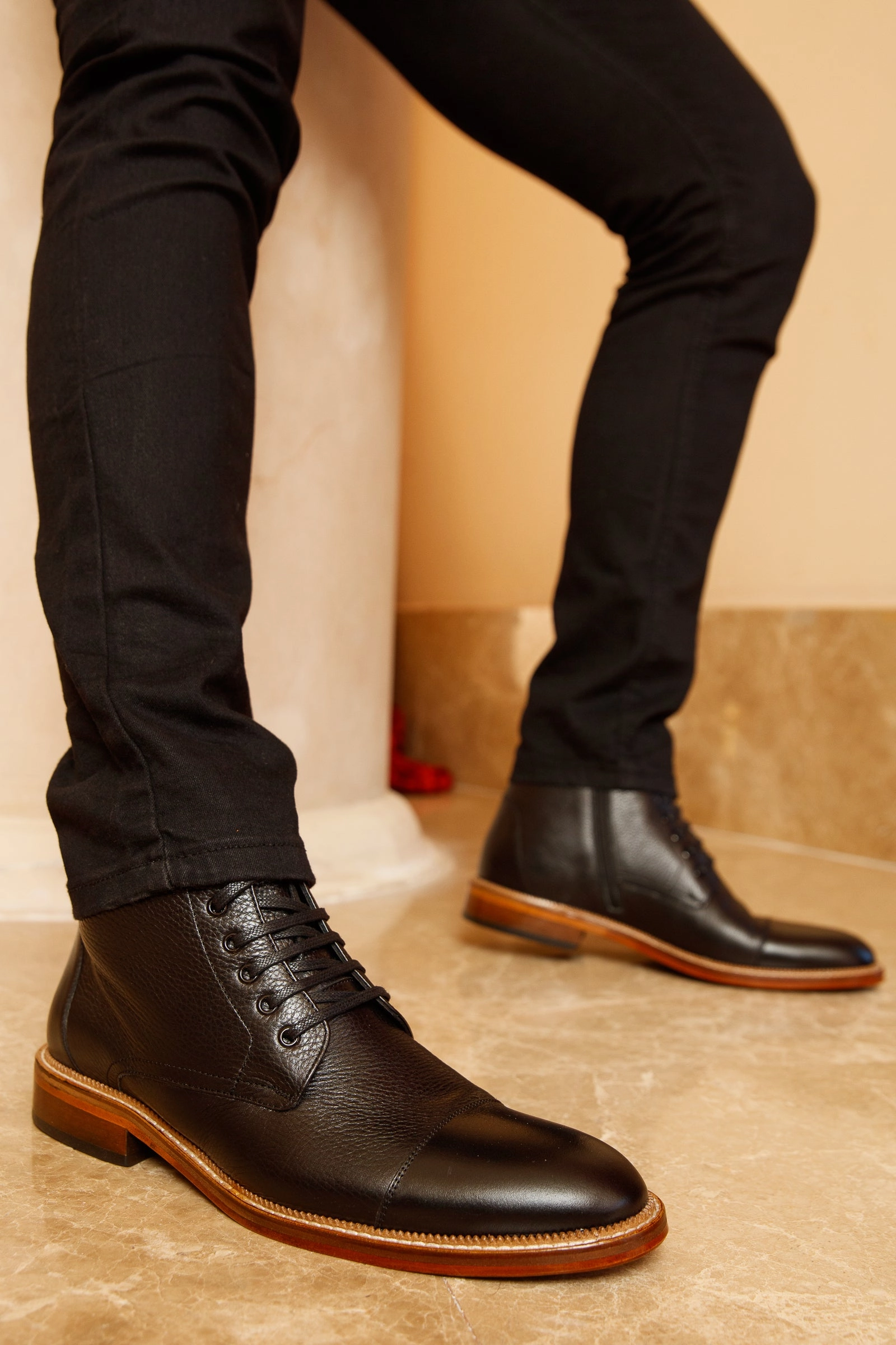 The Bothey Black Leather Cap-Toe Lace-up Men Boot with a Zipper Final sale!