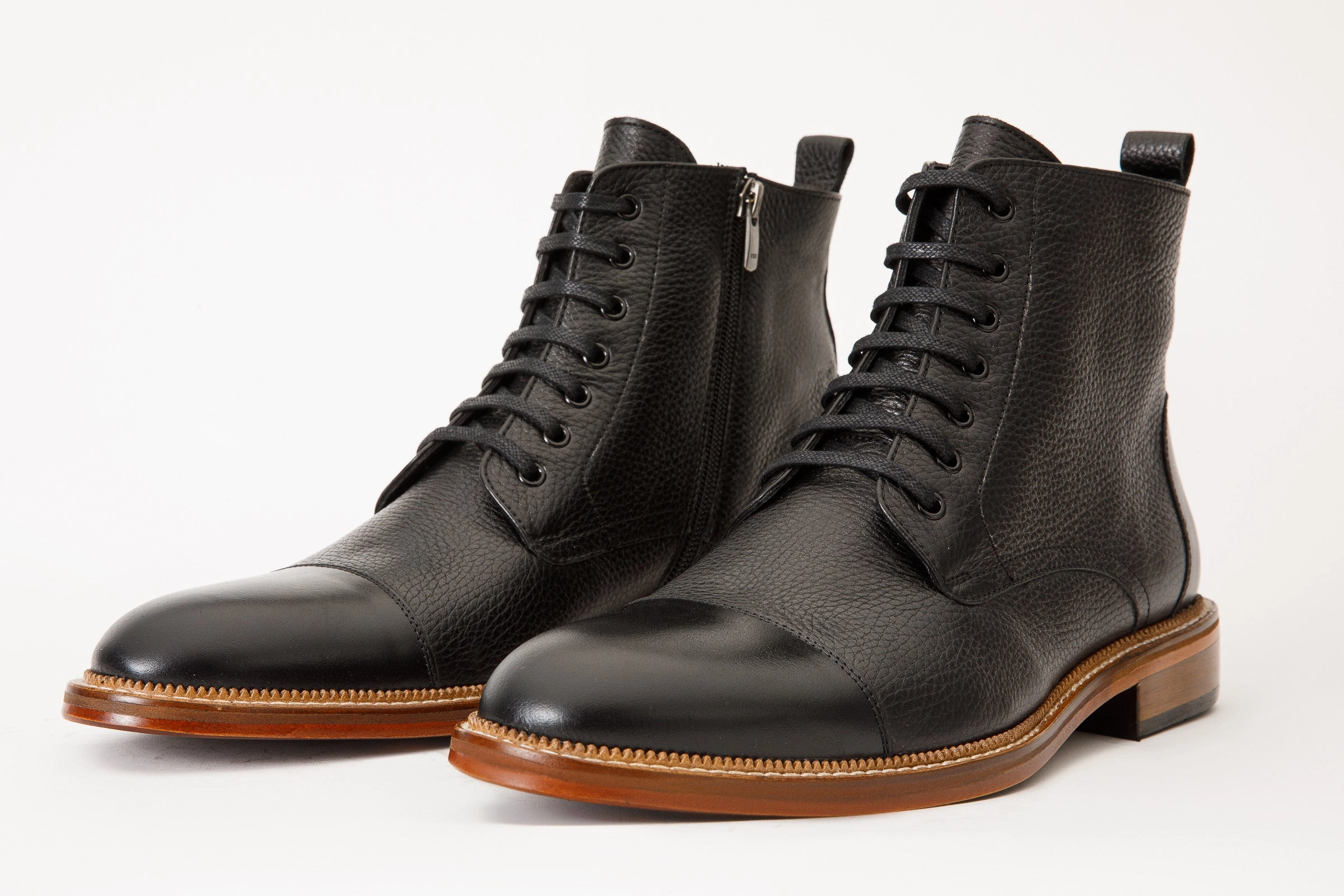 The Bothey Black Leather Cap-Toe Lace-up Men Boot with a Zipper Final sale!