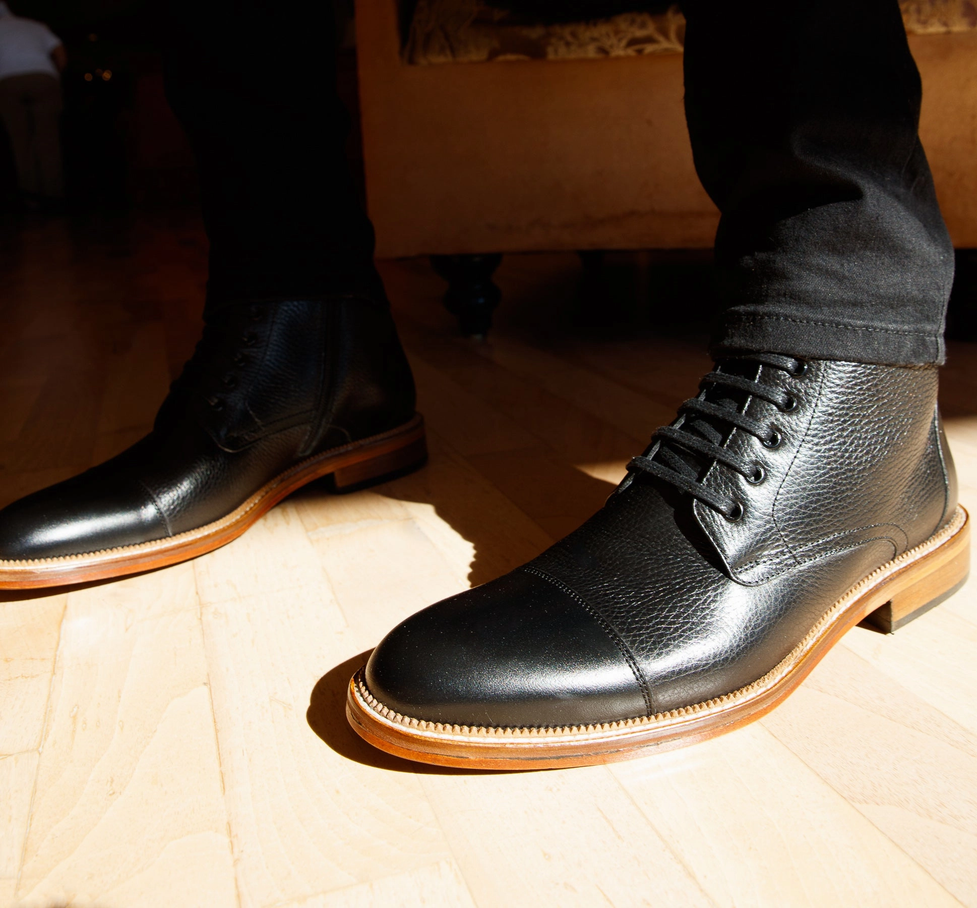 The Bothey Black Leather Cap-Toe Lace-up Men Boot with a Zipper Final sale!