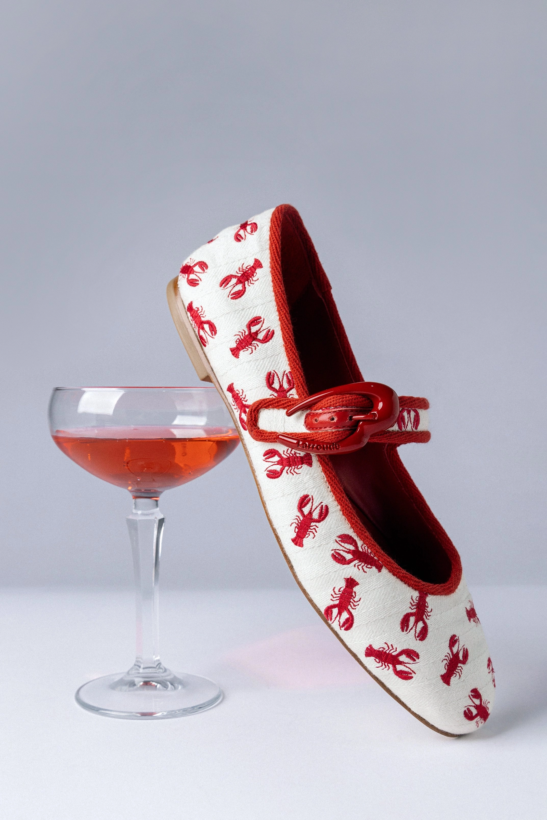 Verona Ballet Flat In White Striped Fabric and Lobster Embroidery