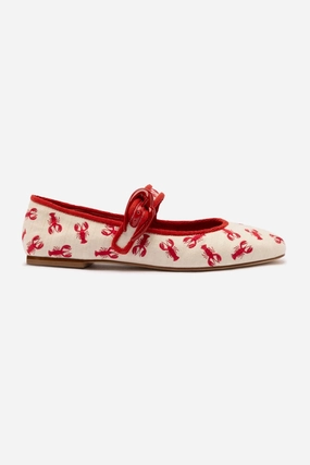 Verona Ballet Flat In White Striped Fabric and Lobster Embroidery