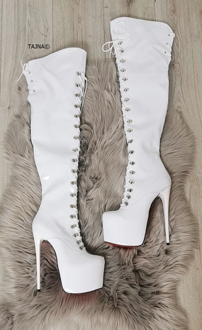 White Patent Lace Up Military Style Over Knee Boots