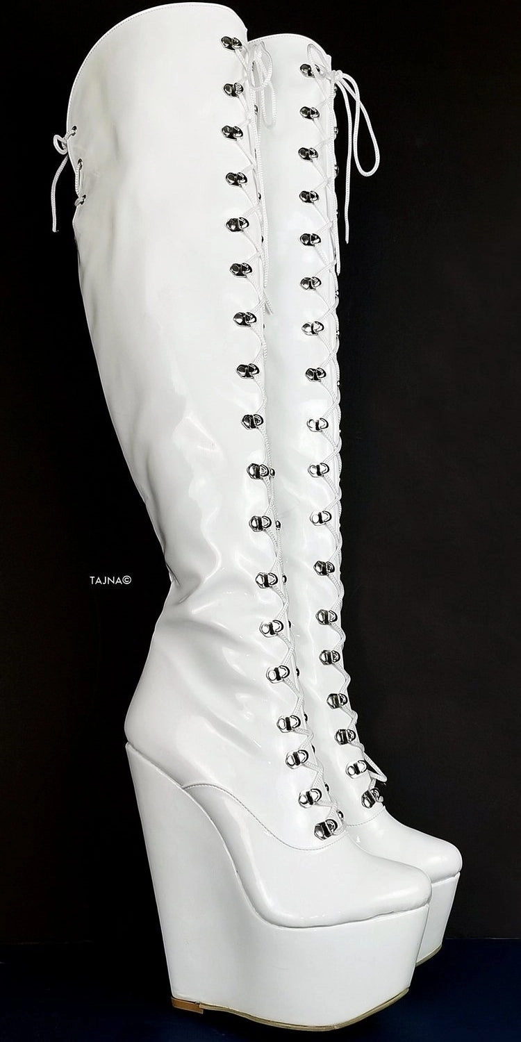 White Wedge Military Style Knee High Boots