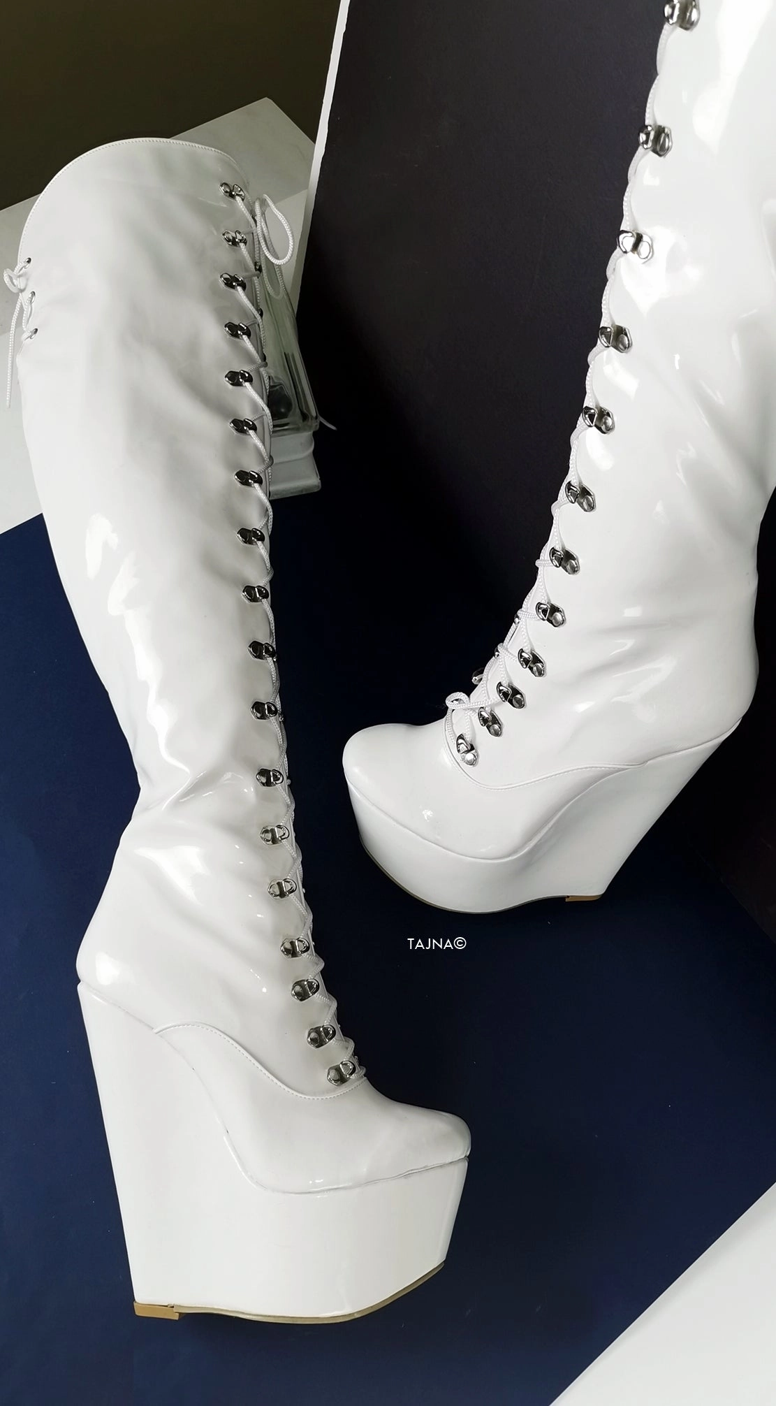 White Wedge Military Style Knee High Boots