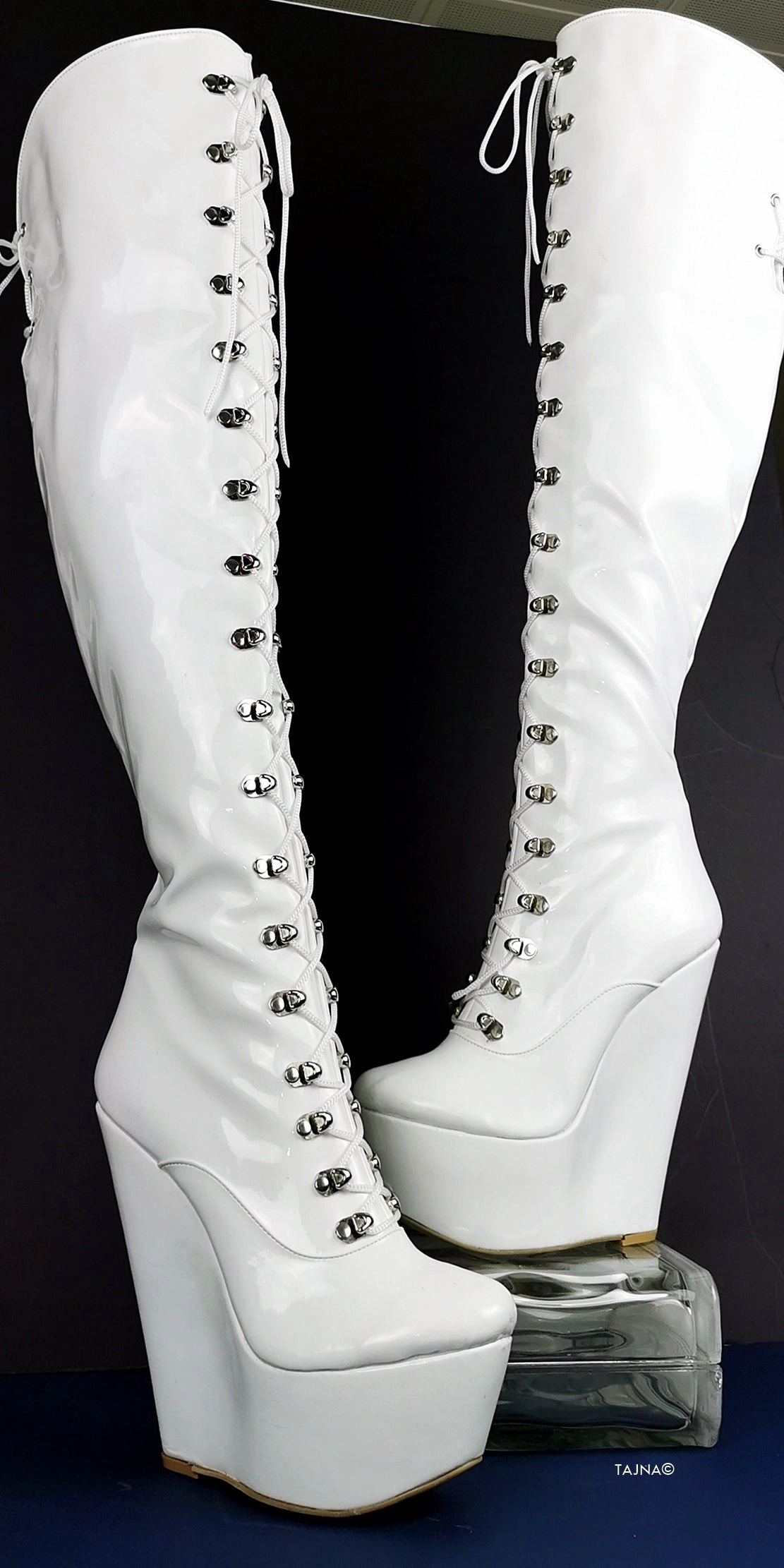 White Wedge Military Style Knee High Boots