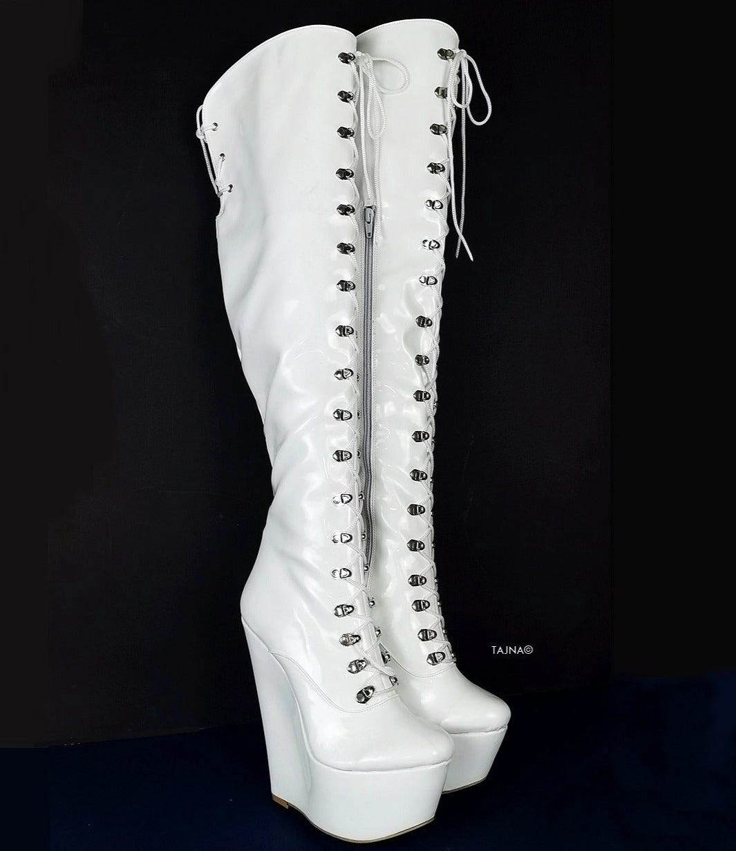 White Wedge Military Style Knee High Boots