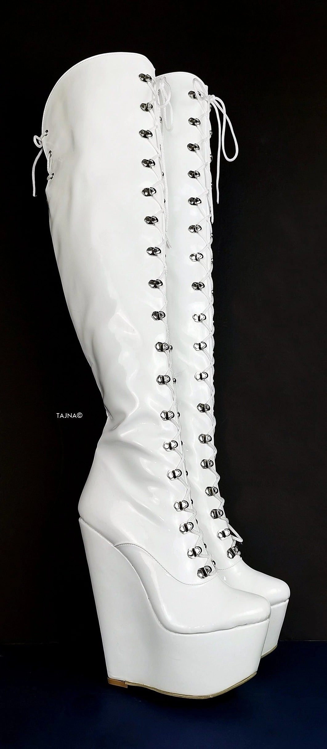 White Wedge Military Style Knee High Boots