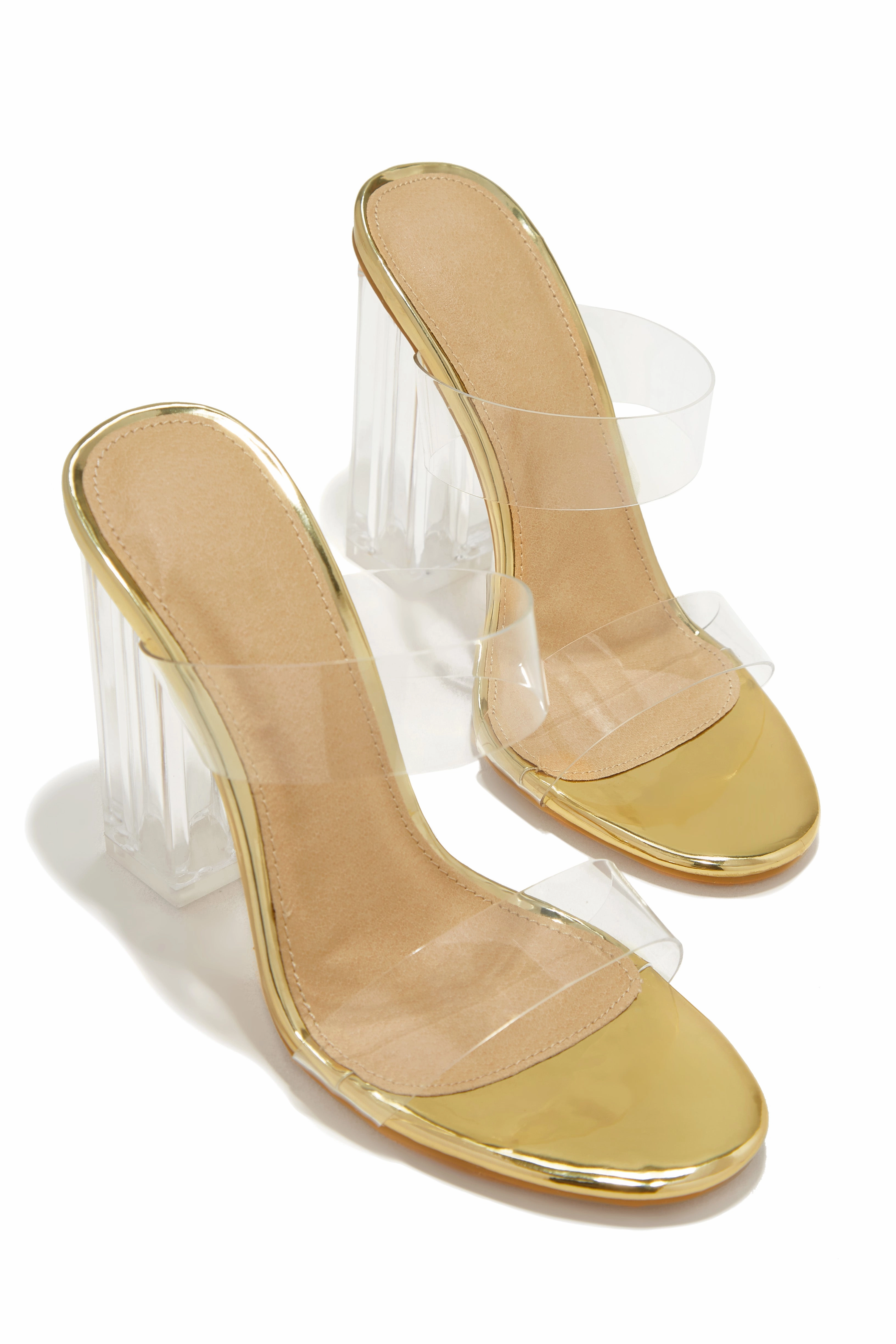 Your Next Date Clear Strap Block Heel Mules - Gold
